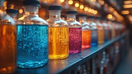 Colorful Bottles of Liquid on Shelf