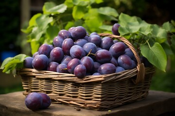 Fototapeta premium Fresh Damson Plums in a basket. Damson Plum fruit