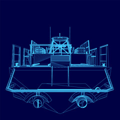 Blue drawing of a boat with a blue background. The boat is shown in a very detailed manner, with the front of the boat being the most detailed
