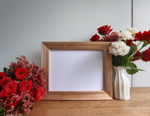 una mesa y pared de madera elegante con un porta retrato o marco vacio con espacio de copia con decoraciones de un ramo de flores rojas blancas