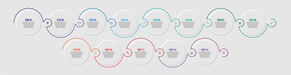 Business Infographic Template Design. Timeline with 13 marketing steps, options and icons. Vector linear infographic with eleven connected elements. Can be used for presentations in your business.