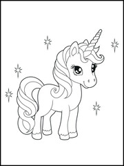 Illustration of a cute baby unicorn cartoon character. Black and white Printable Unicorn coloring page for kids.