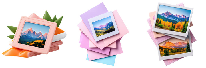 Road trip scenic excitement concept. Colorful picture frames stacked with scenic landscape images showcasing vibrant nature and mountainous scenery.
