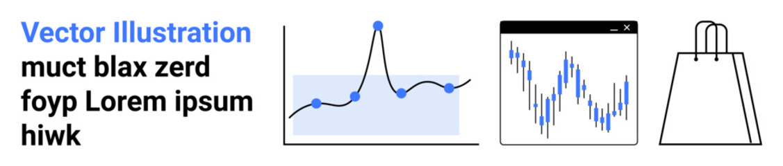 Blue graph with trend line and dots overlaid on gray background. Tablet displaying a line chart with fluctuating values. Simple shopping bag icon. Ideal for business, retail, analytics, technology