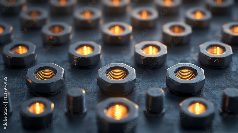 Poster close-up of many metallic nuts and bolts with warm inner glow, arranged in repeating pattern on dark