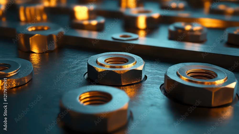 Poster close-up of metallic nuts and bolts arranged on a dark surface with warm lighting.
