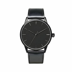 Black minimalist wristwatch, leather strap, white background, fashion accessory, e-commerce