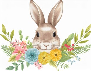 Obraz premium easter rabbit with spring flowers and leaves wreath watercolor cute vintage bunny isolated on white background illustration
