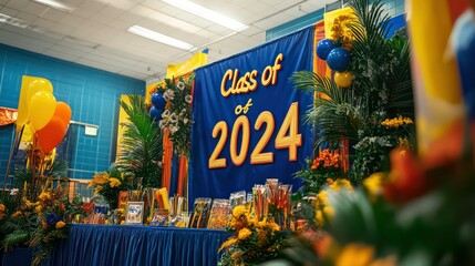 Graduation party setup with "Class of 2024" banner, balloons, floral arrangements, and candy table.