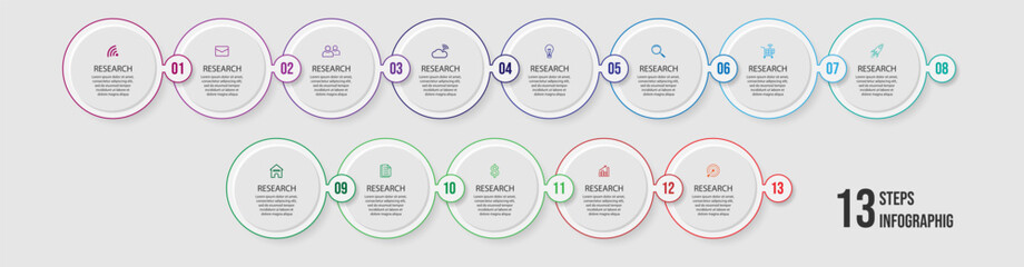 Business Infographic Template Design. Timeline with 13 marketing steps, options and icons. Vector linear infographic with eleven connected elements. Can be used for presentations in your business.