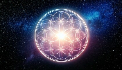 Obraz premium 宇宙空間に浮かぶ、虹色の幻想的なフラワーオブライフ。AIで生成