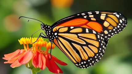 Fototapeta premium Monarch Butterfly on Zinnia: A Vibrant Close-Up