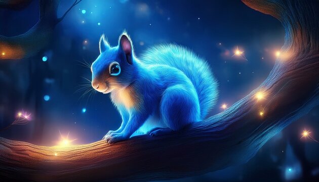 glowing blue squirrel on a branch at night magical fantasy art