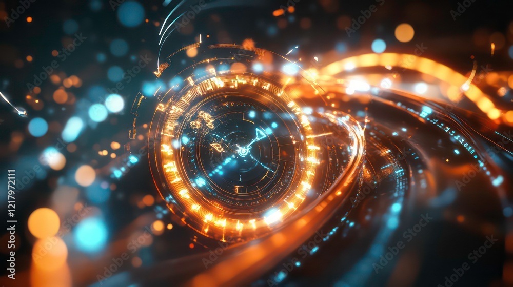 Poster abstract swirling metallic clock with glowing lights and bokeh.