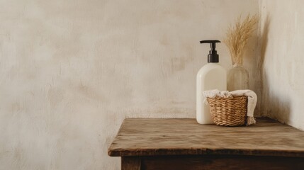 White pump bottle, woven basket, and dried flowers on rustic wooden table against textured wall.