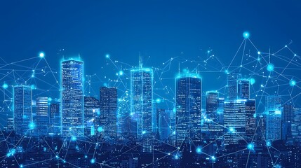 Obraz premium Digitalized futuristic cityscape with sustainable buildings adorned by circuit style lighting and active digital light nodes showcasing a vision of advanced