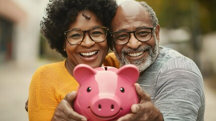 Elderly African American Couple Joyfully Holding Pink Piggy Bank and Celebrating Successful Retirement Planning and Financial Security for Their Future