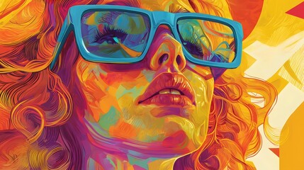 Fototapeta premium Energetic Abstract Portrait of a Stylish Woman with Curly Blonde Hair and Rectangular Blue Glasses Vibrant overlapping shapes in yellow and magenta tones create a bold dynamic