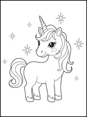 Illustration of a cute baby unicorn cartoon character. Black and white Printable Unicorn coloring page for kids.