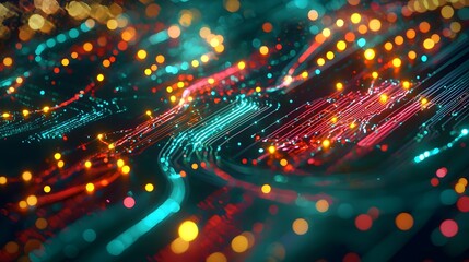 Fototapeta premium Futuristic glowing cityscape architecture with vibrant digital nodes and circuit patterns representing smart city technology future innovation and connected infrastructure