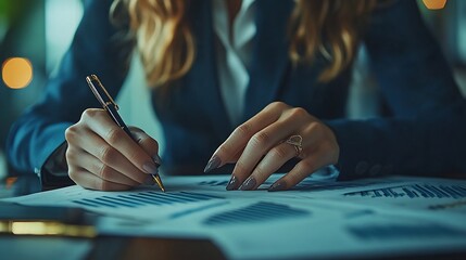 Closeup of Businesswoman's Hands Reviewing Financial Documents
