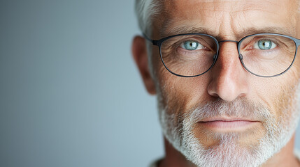 Fototapeta premium Close-up portrait of a mature man with white hair, glasses, and a calm expression, against a blue gradient background.