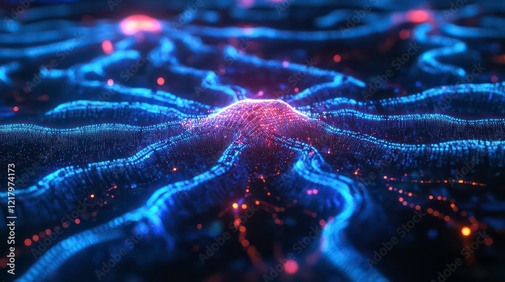 Aufkleber abstract digital landscape with glowing particles forming a central peak and flowing lines.