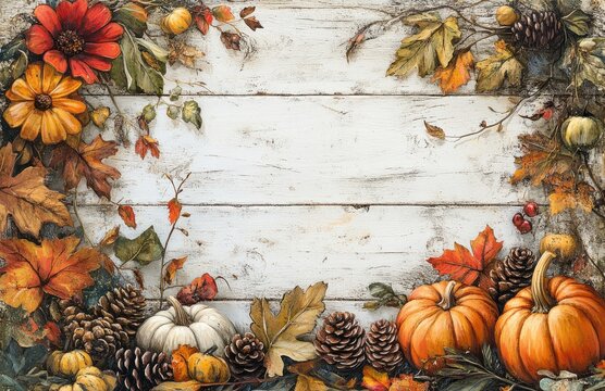 Autumn Harvest Background with Colorful Leaves, Pumpkins, and Pine Cones Framing a Rustic Wooden Plank Surface for Seasonal Decorations or Greeting Cards