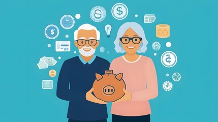 Senior couple joyfully celebrating their financial independence and prosperity holding a piggy bank surrounded by various icons and symbols representing wealth savings investment retirement planning