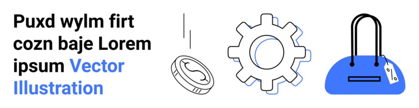 Text Puxd wylm firt cozn baje Lorem ipsum Vector Illustration, coin, gear, handbag. Ideal for business, finance, shopping, technology e-commerce engineering online platforms. Landing page