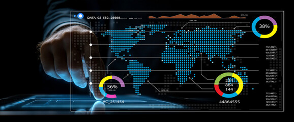 Futuristic Data Analysis Concept with Digital World Map and Touchscreen Interface for Business Insights and Global Metrics Visualization
