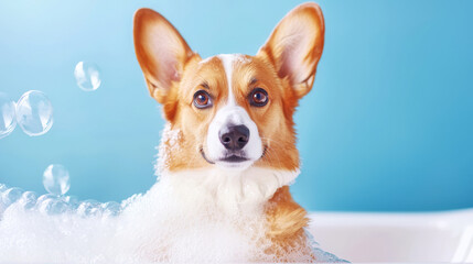 A corgi enjoys a bubbly bath against a bright blue background, showcasing its playful and adorable expression.