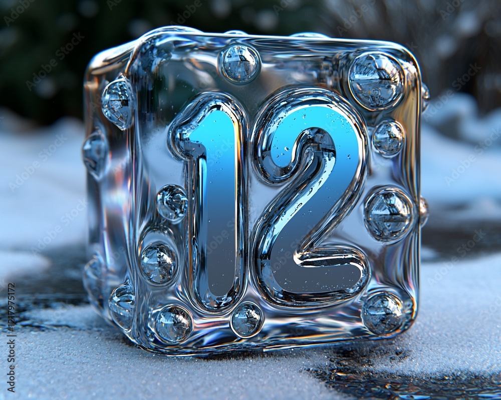 Poster icy cube with number twelve.