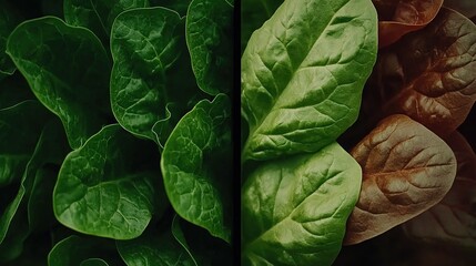   A close-up of a green, leafy plant adjacent to a close-up of a leafy leafy plant