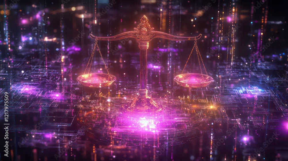 Poster digital scales of justice glowing in vibrant colors on a circuit board background.