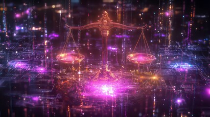 Obraz premium Digital scales of justice glowing in vibrant colors on a circuit board background.