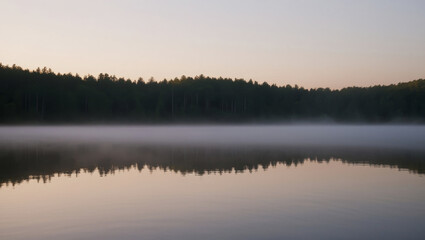 Serene Lake Landscape With Morning Mist And Forest Reflection