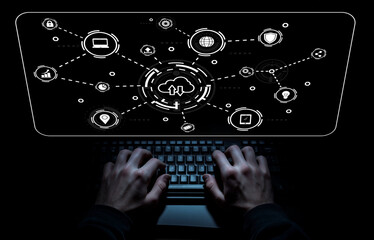 Hands on Keyboard with Digital Interface Displaying Cyber Connections and Network Security Icons in Dark Environment for Technology Themes