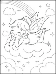 Illustration of a cute fairy cartoon character. Black and white Printable fairy coloring page for kids.