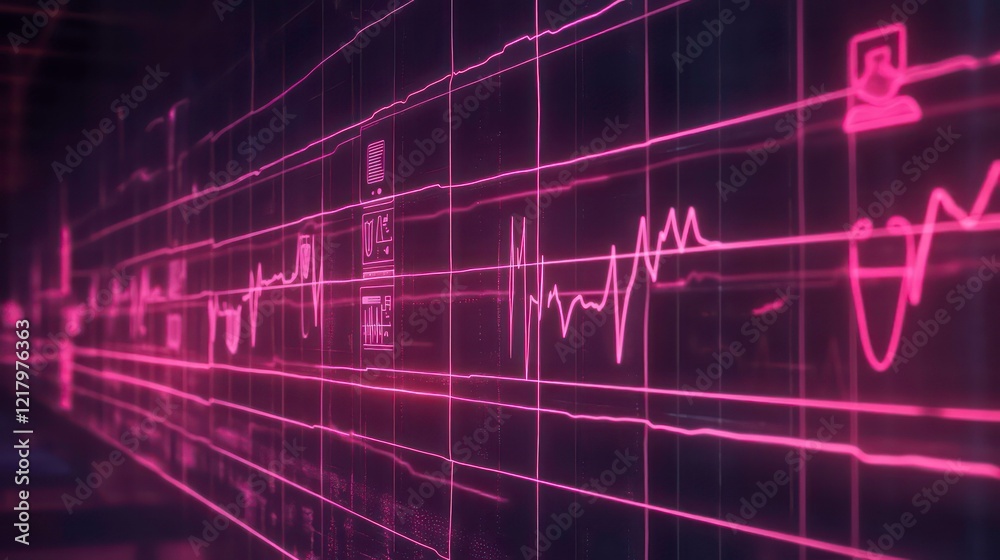 Aufkleber Abstract pink digital heartbeat waveform data stream on dark background.