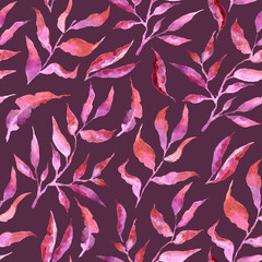 Bright pink floral watercolor seamless pattern for printing. Intertwining leaves and branches hand drawn. Nature botanical magenta background design for fabric, textile, print