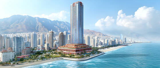 Fototapeta premium Coastal skyscraper, mountain backdrop, city skyline, real estate