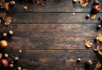 Autumn Harvest Decorations with Colorful Pumpkins, Acorns, and Fallen Leaves on a Rustic Wooden Table Creating a Warm Seasonal Atmosphere