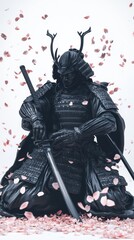 Black Samurai Warrior Amidst Falling Cherry Blossoms