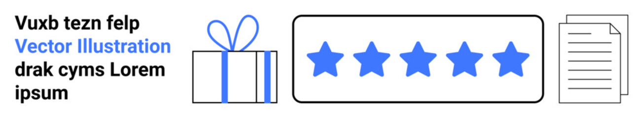Gift box with blue ribbon, placeholder text in black and blue, five blue stars rating, and stack of document icons. Ideal for customer reviews, business ratings, feedback collection, rewards