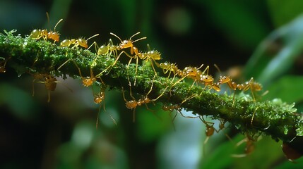Naklejka premium Amber Ants on Mossy Branch: A Close-Up of Nature's Tiny Architects