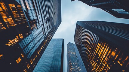 Cityscape from below, tall buildings at dusk.