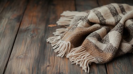 Warm knitted plaid lies on wooden table creating cozy atmosphere