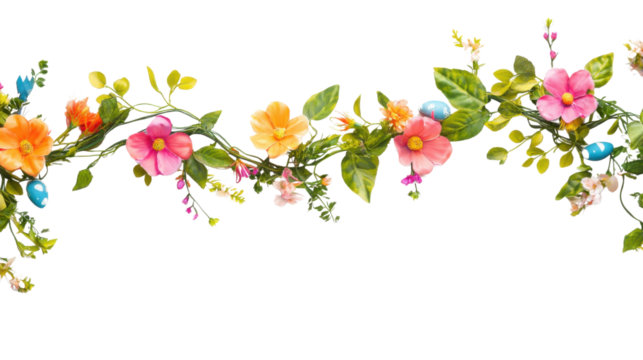 Easter egg wreath with flowers and leaves on transparent background