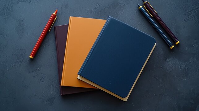 Three notebooks and pens on dark surface.